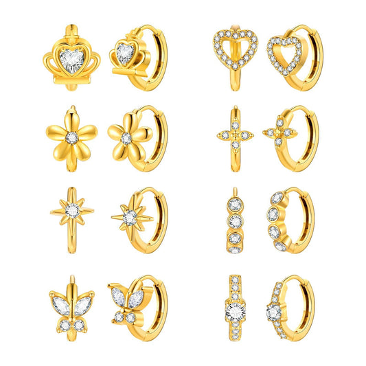 Preciosos aros de acero inoxidable dorado con circonitas: corazón, estrella, cruz y más estilos EH-722