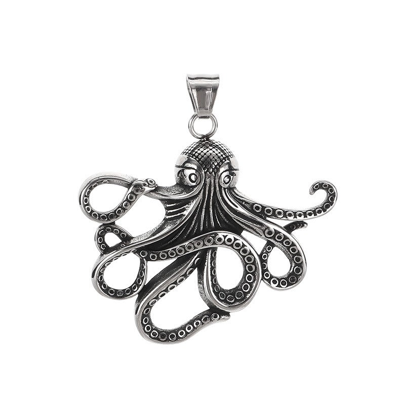 Kemstone Titanium Steel Octopus Fish Bone Pendant Necklace for Men Punk Ocean Animal Vintage Oxidized Silver KP117754-LU