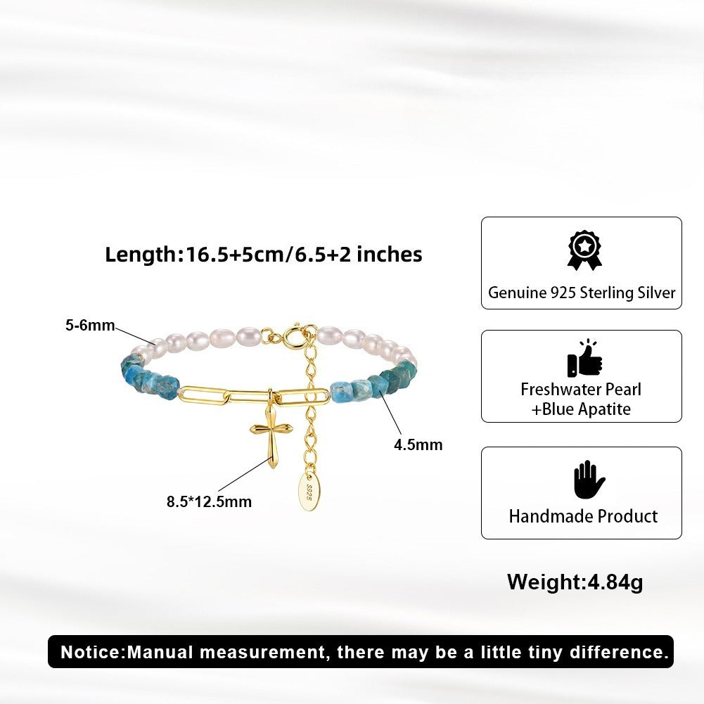 Kemstone 925 Sterling Silver Natural Stone Pearl Beaded Bracelet for Women Cross Charm MPB22