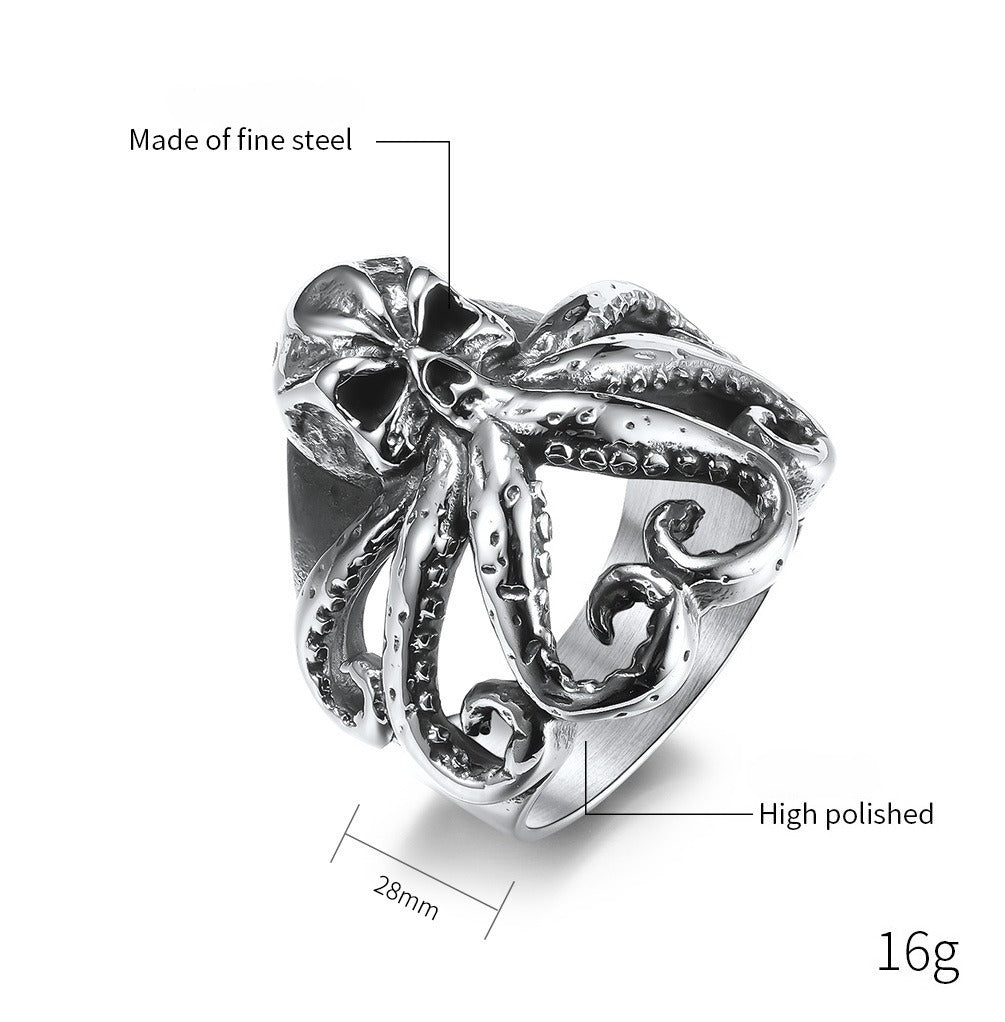 Kemstone Octopus Relief Stainless Steel Ring for Men – Vintage Oxidized Texture KR590