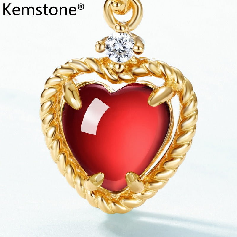 Collar de corazón de granate vintage de diseño original hecho a mano por Kemstone, plata de ley 925 con baño de oro de 10 quilates, colgante de diseño único para un estilo OL moderno, cadena de 45 cm