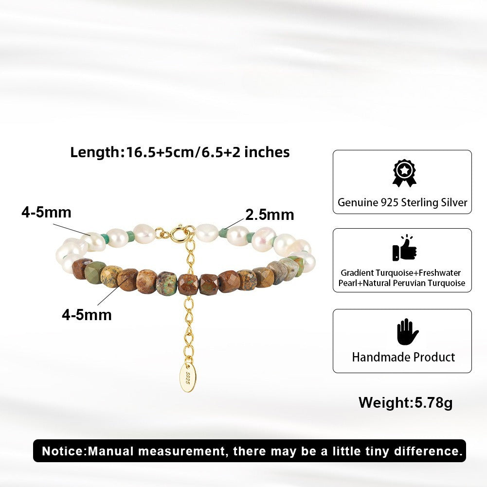 Kemston 925 Sterling Silver Freshwater Pearl Bracelet for Women Natural Turquoise Bead MPB27