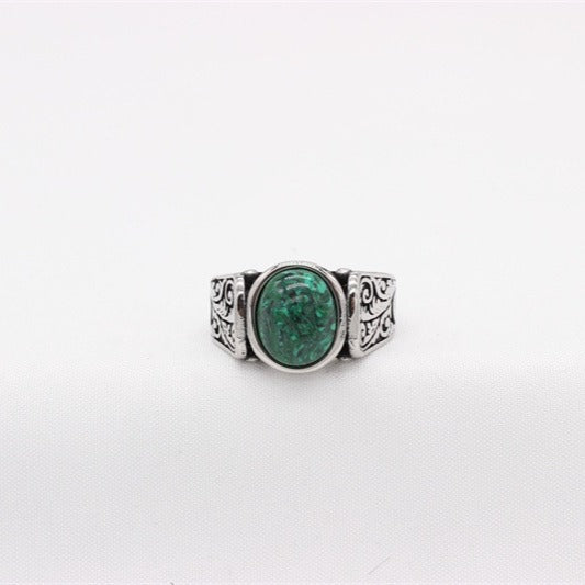 Kemstone Titanium Steel Green Resin Signet Ring for Men with Malachite-Style Pattern R1782