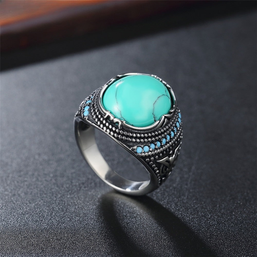 Kemstone Titanium Steel Turquoise Signet Ring for Men Oval Stone Silver Gold R0590