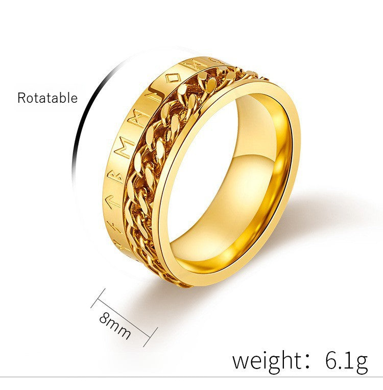 Kemstone Men’s Titanium Steel Viking Rune Chain Spinner Ring – Vintage Norse Style K-R336