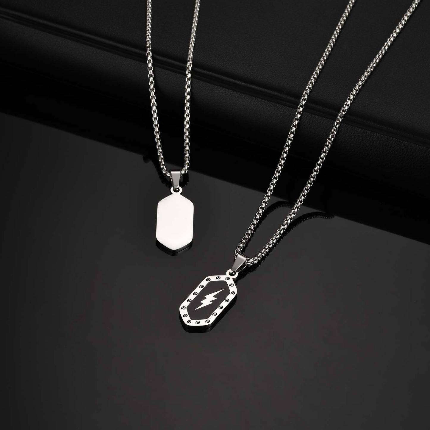 Kemstone Stainless Steel Lightning Bolt Pendant Necklace for Men Black Hexagon Accent PN-2161
