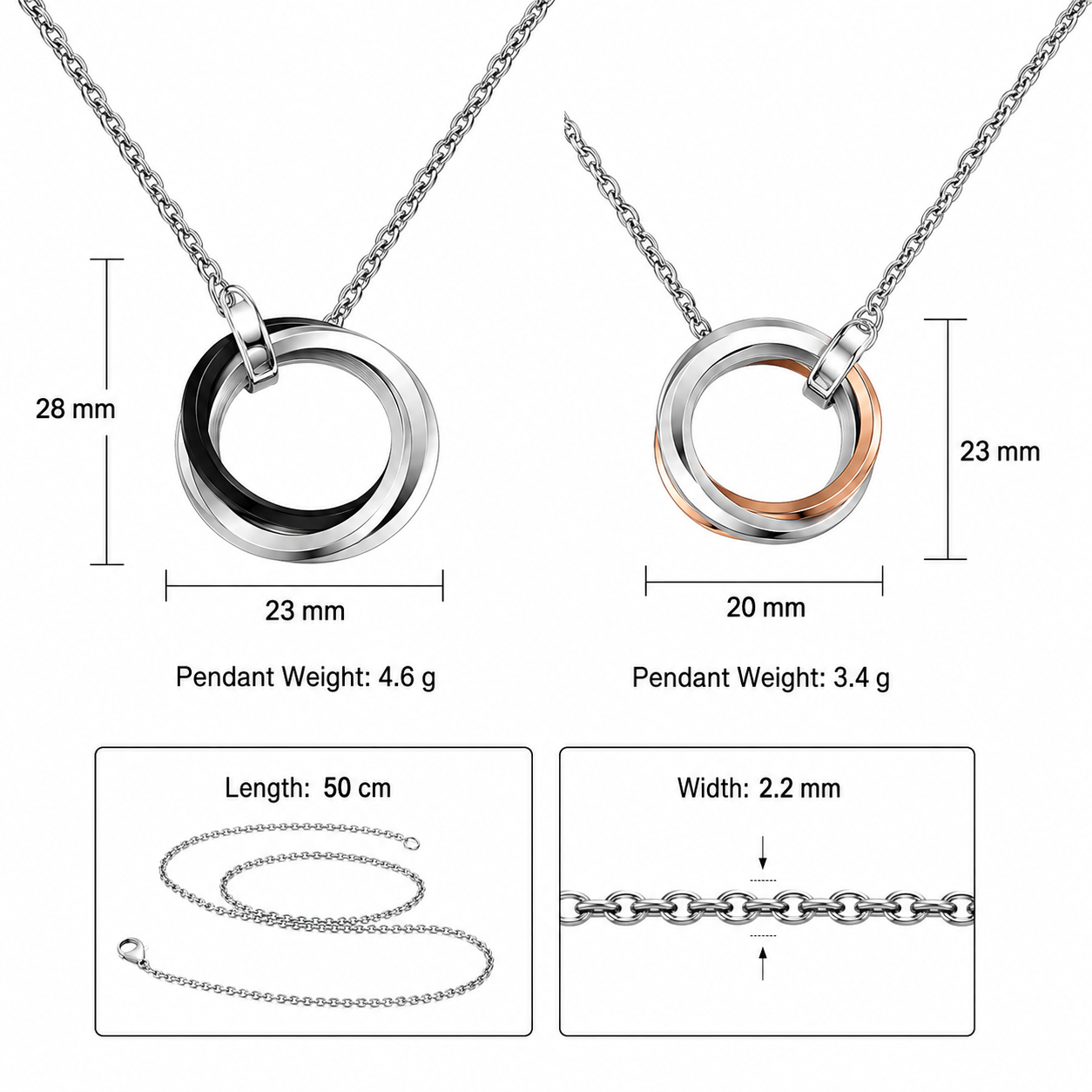 Kemstone Titanium Steel Interlocking Circle Pendant Necklace for Men & Women TN0053