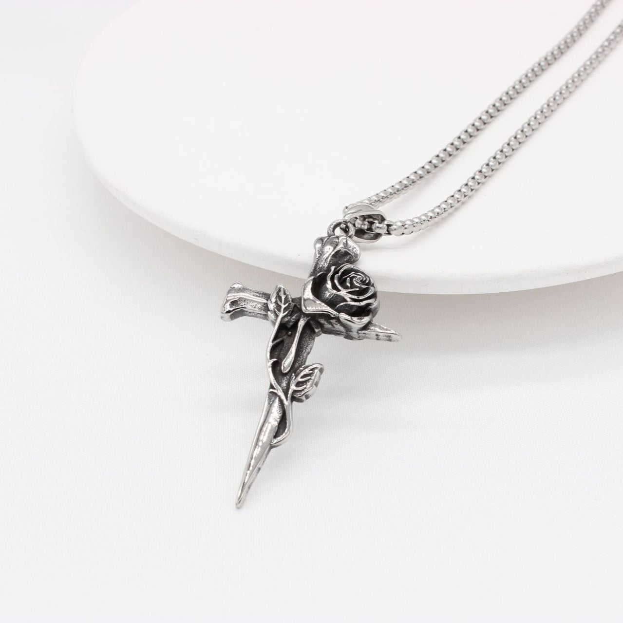 Kemstone Stainless Steel Cross Pendant Necklace for Men Women Rose Detail Vintage P0999