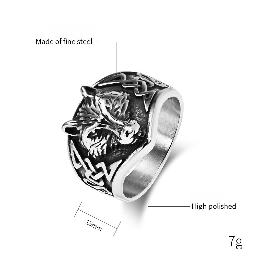Kemstone Men’s Titanium Steel Celtic Wolf Head Ring – Vintage Symbol K-R692