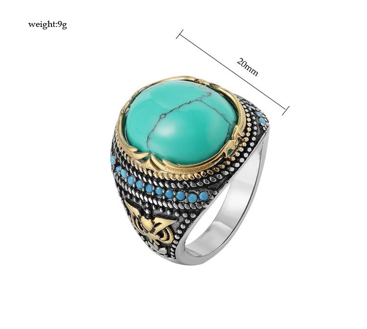 Kemstone Titanium Steel Turquoise Signet Ring for Men Oval Stone Silver Gold R0590