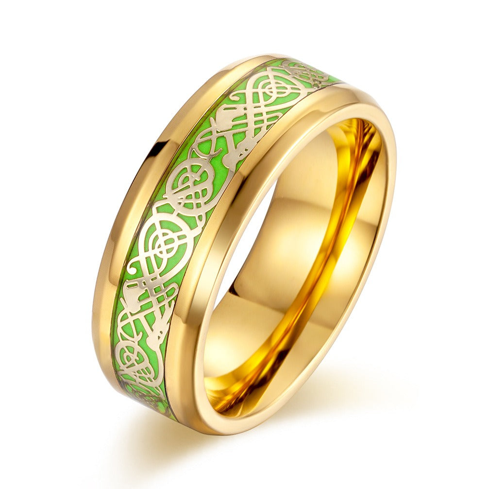 Kemstone Glow Green Ring for Men Stainless Steel Celtic Knot Vintage Style K-R388