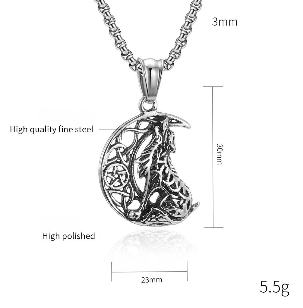Kemstone Celtic Wolf Stainless Steel Pendant Necklace – Retro Moon Design for Men K-PT420
