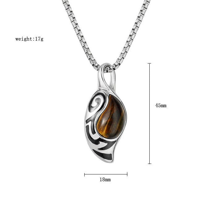 Kemstone Titanium Steel Tiger Eye Stone Pendant Necklace for Men Silver P0556
