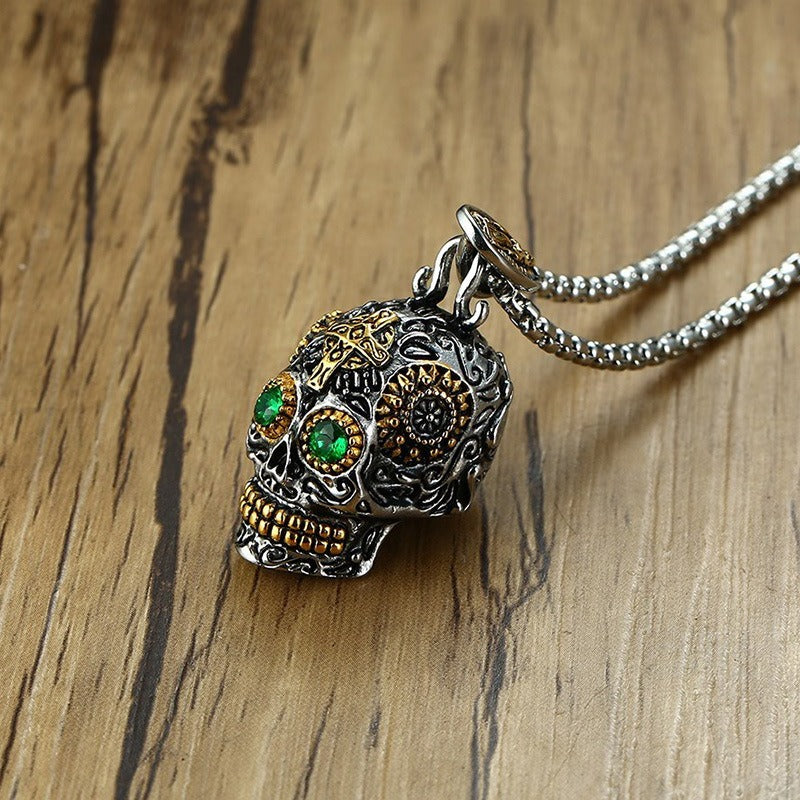 Kemstone Stainless Steel Skull Pendant Necklace for Men with Green Crystal Eyes Punk Style PN-1158
