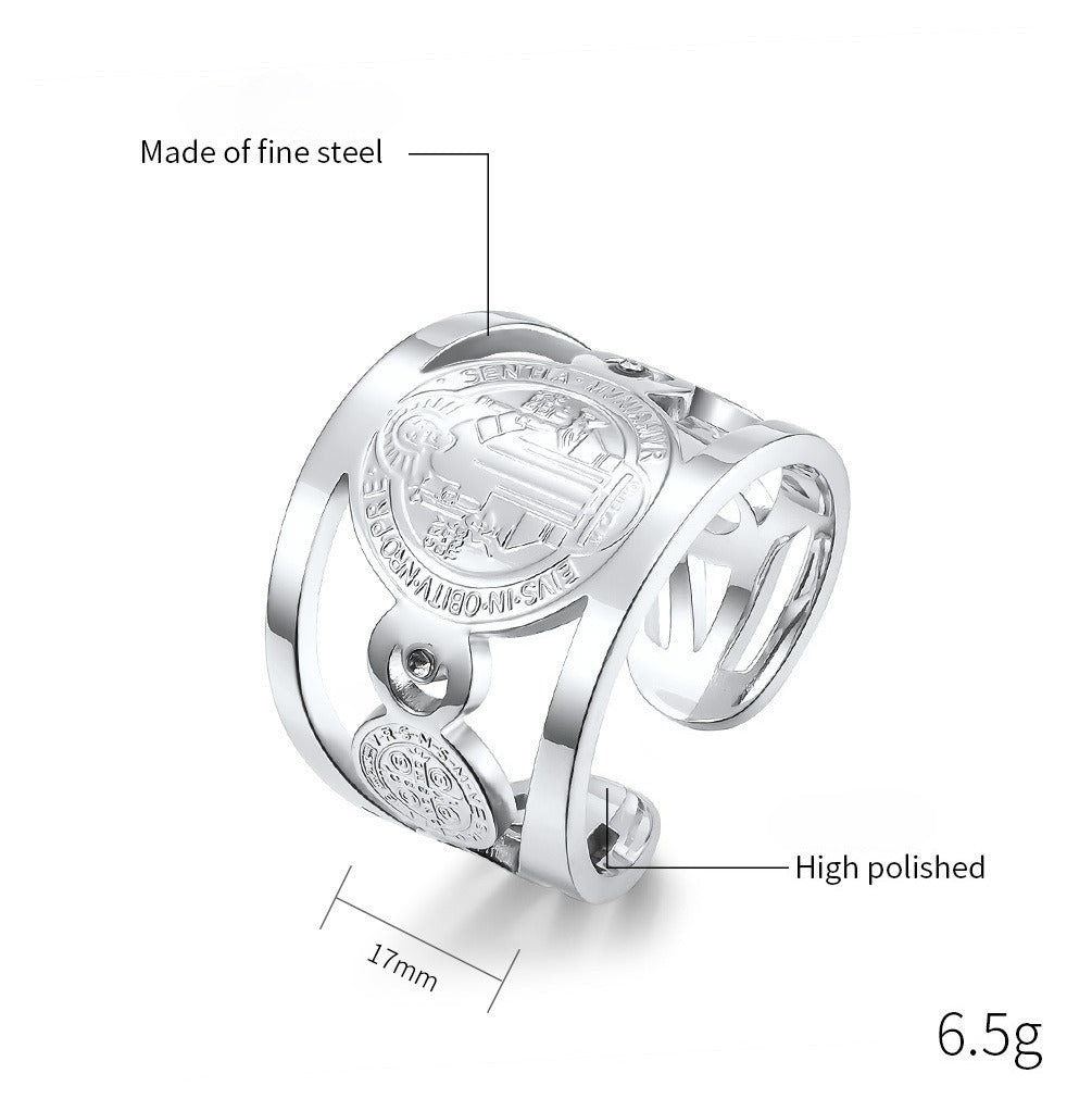 Kemstone Saint Benedict Protection Ring for Men – Stainless Steel Open Cuff Ring K-R660