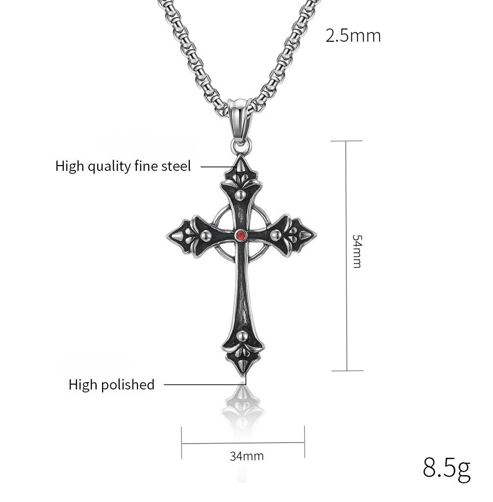 Kemstone Stainless Steel Red Cubic Zirconia Cross Pendant Necklace for Men Vintage Silver K-PT396