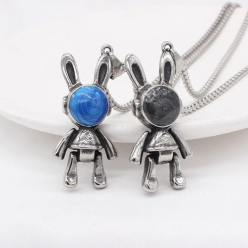 Kemstone Rabbit Head Pendant Necklace Stainless Steel Blue Inlay for Men & Women P1429