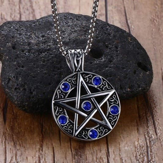 Kemstone Titanium Steel Pentagram Necklace for Men – Blue CZ Gothic Pendant PN-567