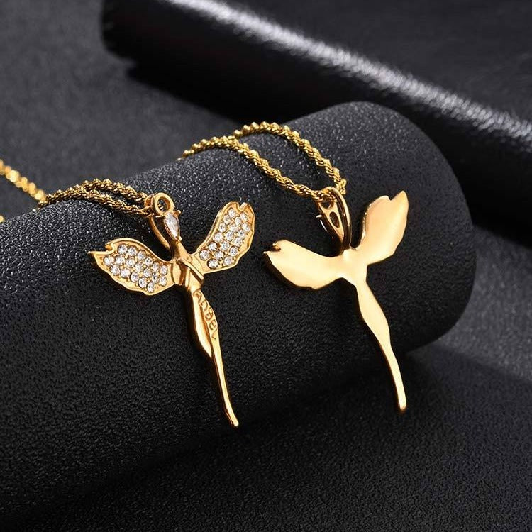 Kemston Stainless Steel Angel Wing Cross Pendant Necklace for Men Women PN-2404