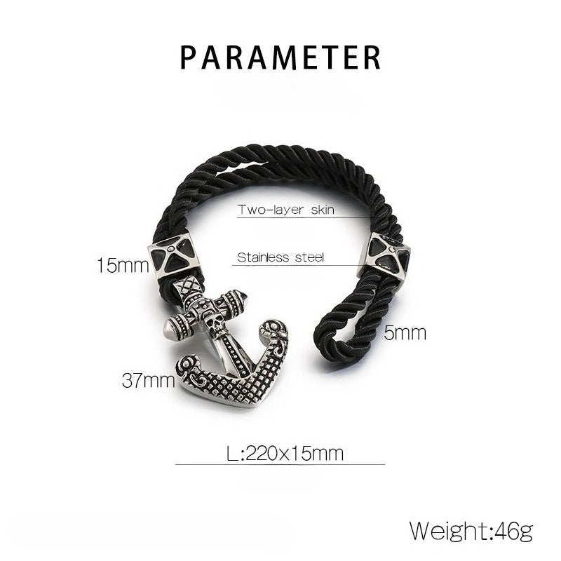 Kemstone Titanium Steel Leather Bracelet for Men Vintage Dragon Tiger Anchor Clasp KB87977-BD