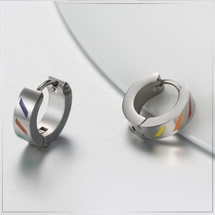 Kemstone Color Stripe Hoop Earrings for Men Stainless Steel Silver K-E011