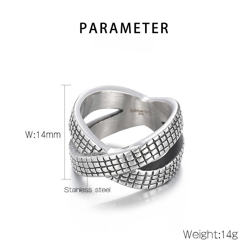 Kemstone Crossed Infinity Grid Titanium Steel Ring for Men – Vintage Oxidized Wide KR104179-BDJX