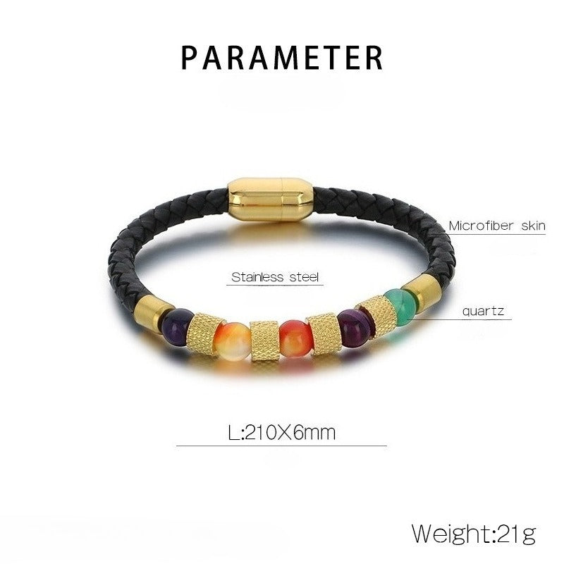 Kemstone Braided Faux Leather Quartz Bead Bracelet for Men KB179957-YA