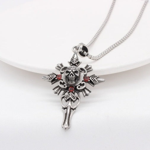 Kemstone Skull Cross Titanium Steel Pendant Necklace for Men – Red Cubic Zirconia Inlay P1400
