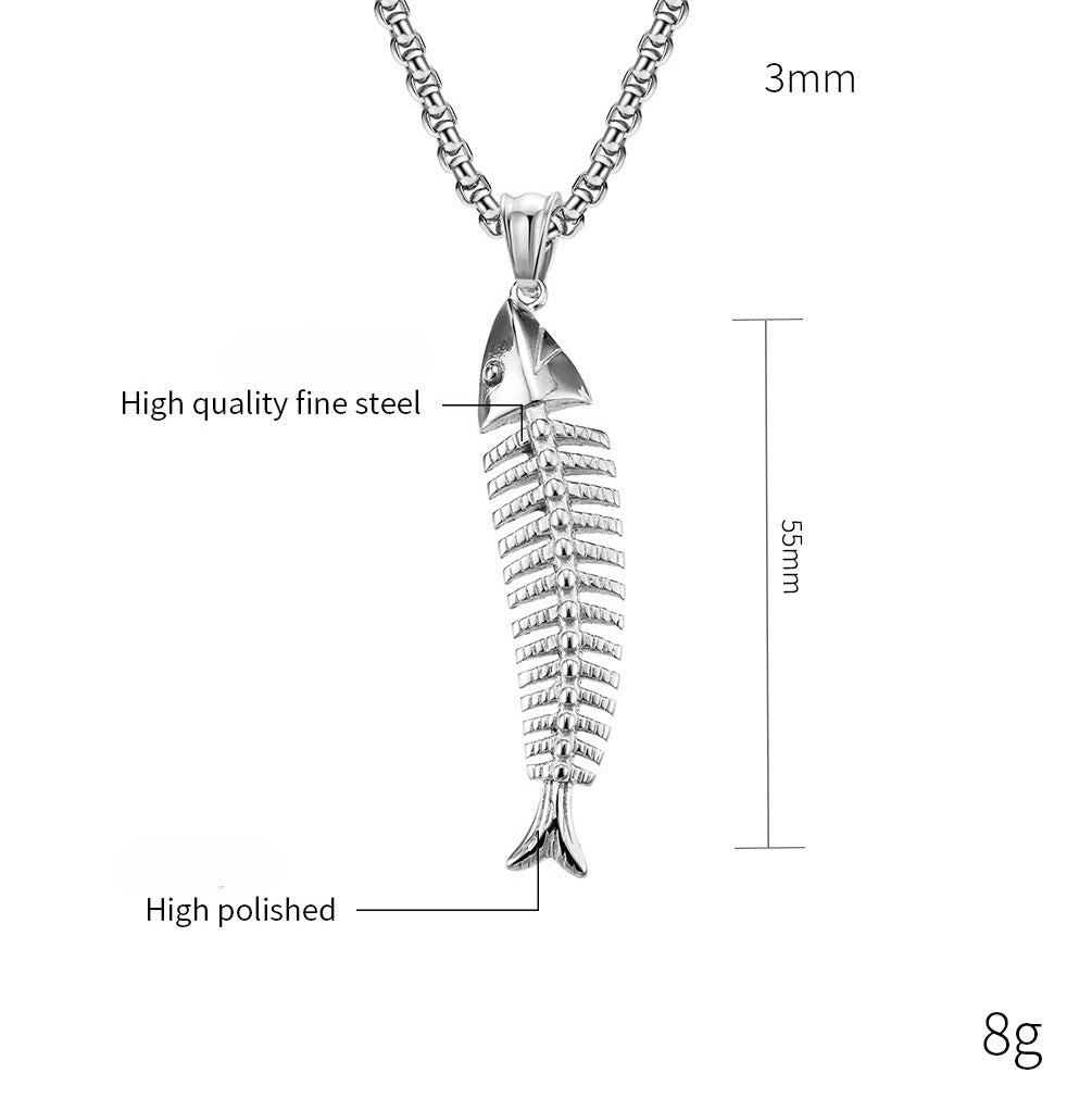 Kemstone Stainless Steel Fishbone Pendant Necklace for Men – Silver, Gold, Black K-PT434