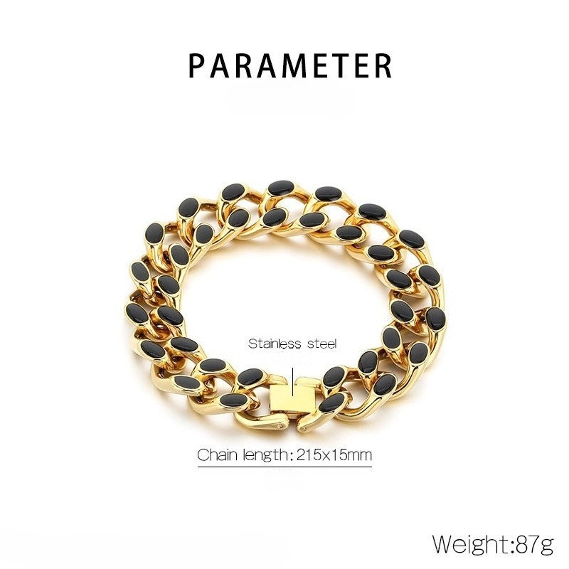 Kemstone Cuban Link Bracelet for Men Titanium Steel Black Inlay Chunky Heavy Chain Hip Hop Gold Silver KB202409-KJX