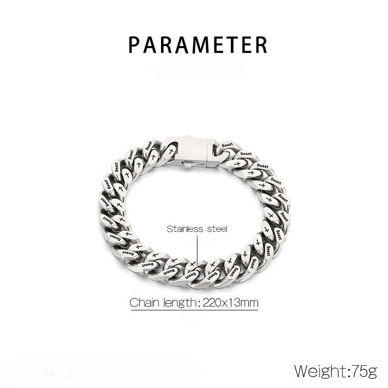 Kemstone Cuban Link Bracelet for Men Titanium Steel Cross Engraved Wide Chain Heavy Chunky Silver KB211839-ZCG