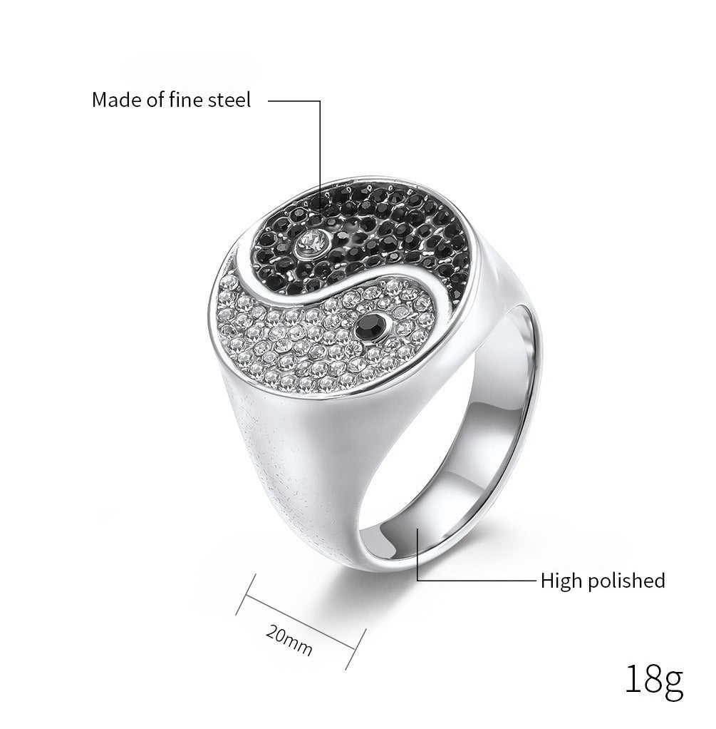 Kemstone Yin Yang Signet Ring for Men Stainless Steel Black White Stone K-R606