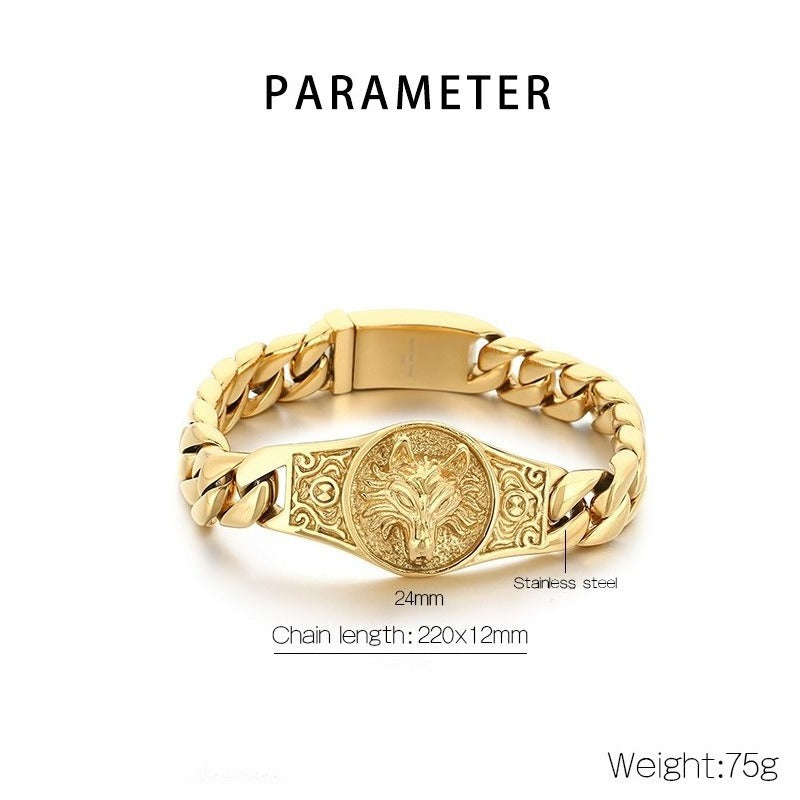 Kemstone Men’s Wolf Head Bracelet – Titanium Steel Cuban Chain 220mm KB205184-KJX