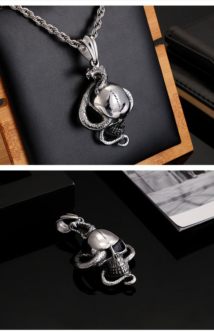 Kemstone Coiled Snake Skull Necklace for Men Titanium Steel Punk KP80014-BD
