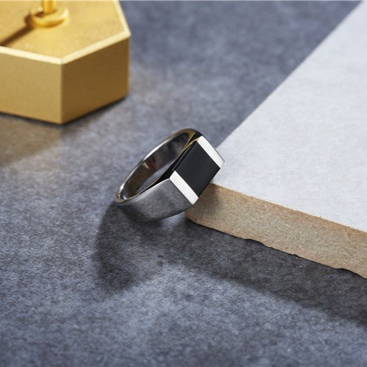 Kemstone Black Onyx Signet Ring for Men Titanium Steel R0038