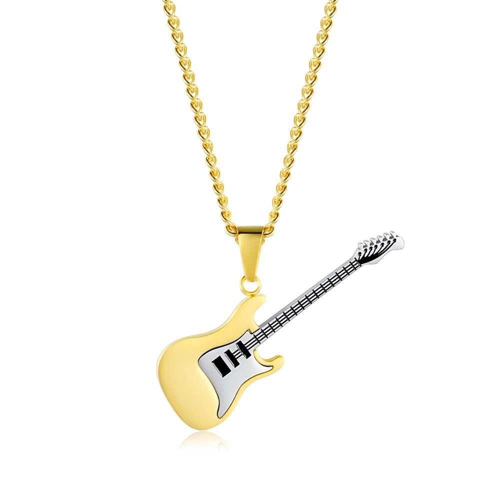 Kemstone Stainless Steel Electric Guitar Pendant Necklace for Men – 60cm Chain, Silver Gold Black K-PT147