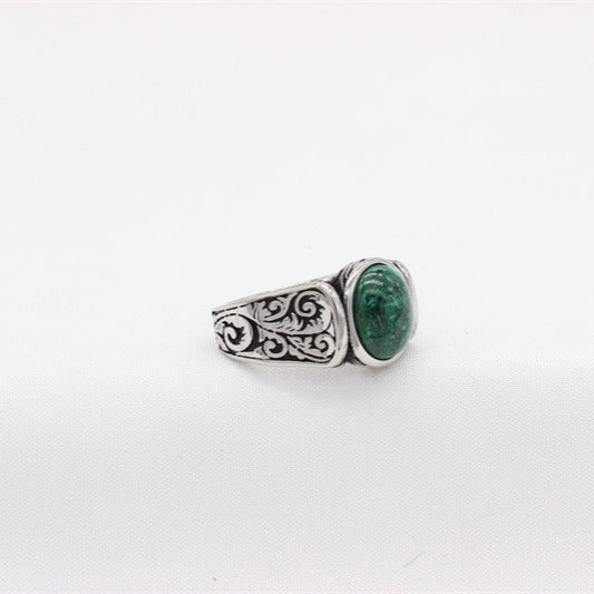 Kemstone Titanium Steel Green Resin Signet Ring for Men with Malachite-Style Pattern R1782