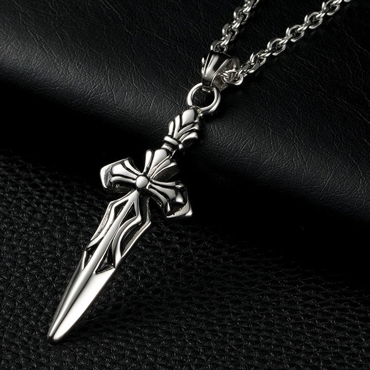 Kemstone Sword Cross Pendant Necklace for Men – Stainless Steel Silver K-PT155