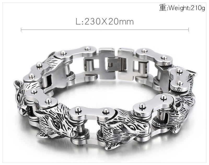 Kemstone Wolf Head Chain Bracelet – Titanium Steel Motorcycle-Inspired Men’s Jewelry KB152384