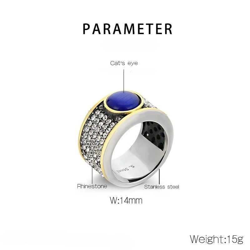 Kemstone Titanium Steel Cat Eye Ring for Men – Blue Stone Hip Hop Style KR114130-GC