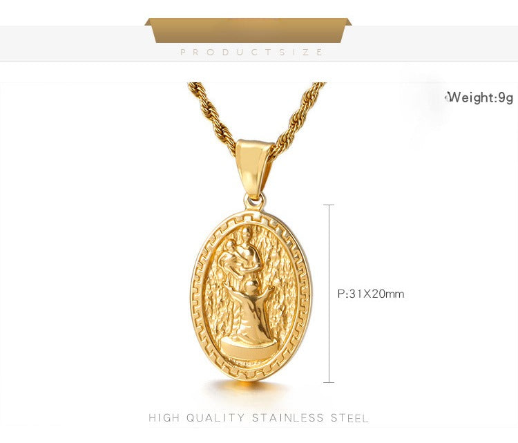 Kemstone Gothic Madonna Coin Pendant – Matte Alloy Necklace for Men with Vintage Religious Edge KP80836-Z