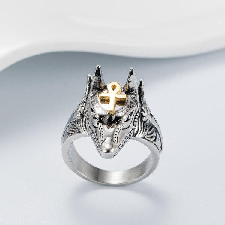 Kemstone Men’s Titanium Steel Anubis Egyptian God Ring – Silver K-R291