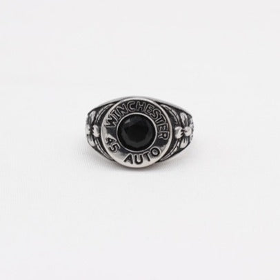 Kemstone Black Stone Signet Ring for Men Titanium Steel Vintage Rose Detail R1579