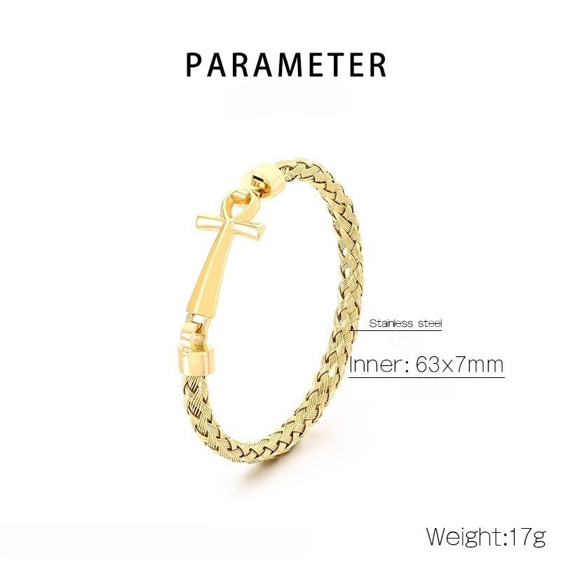 Kemstone Titanium Steel Braided Cuff Bracelet for Men Ankh Cross Clasp Gold Silver KB212793-KFC
