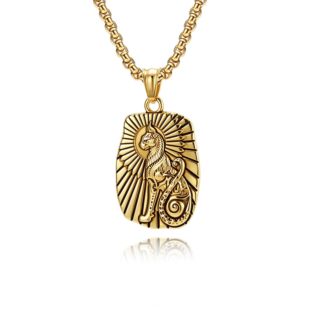 Kemstone Ancient Cat Symbol Stainless Steel Pendant Necklace for Men – Engraved Relief, Gold Silver K-PT699