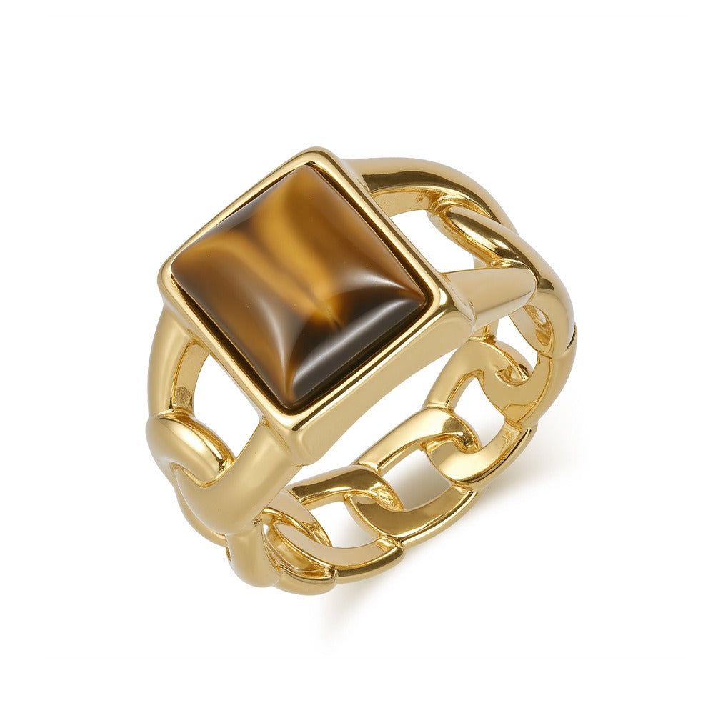 Kemstone Men’s Titanium Steel Cuban Chain Ring – Tiger Eye & Black Stone Jewelry K-R998