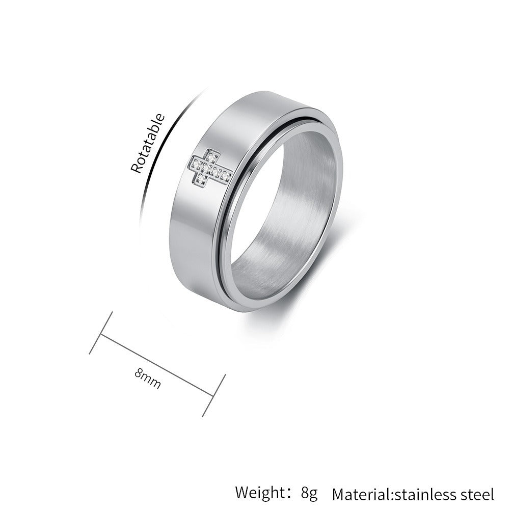 Kemston Rotating Cross Ring for Men & Women Stainless Steel Small Stone Detail K-R1220