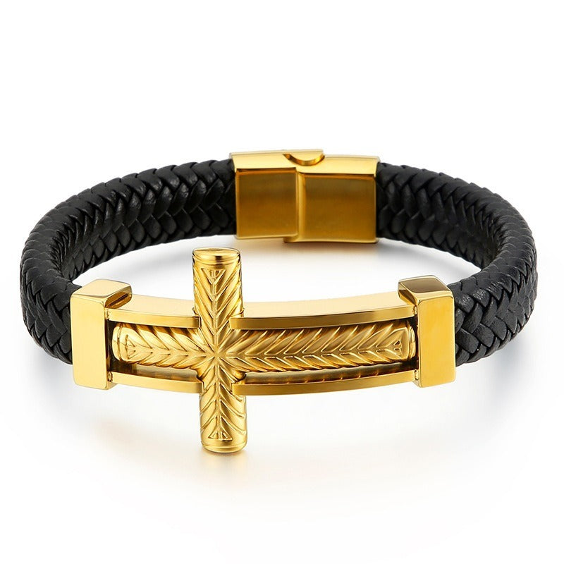 Kemstone Cross Leather Bracelet for Men Titanium Steel Braided Black Cord Design KB130233-KFC