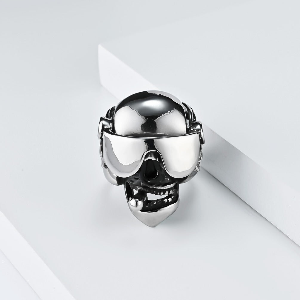 Kemstone Skull Ring Stainless Steel Movable Goggles Ring for Men Silver K-R876
