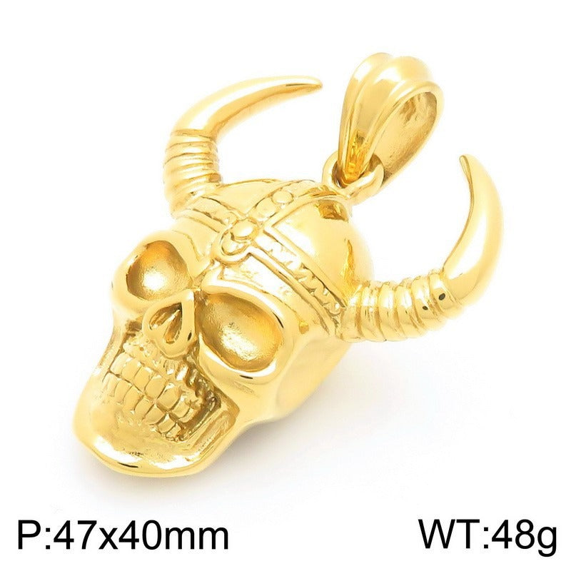 Kemstone Skull Pendant Necklace for Men Titanium Steel Horned Helmet Gold Silver KP116682-KJX